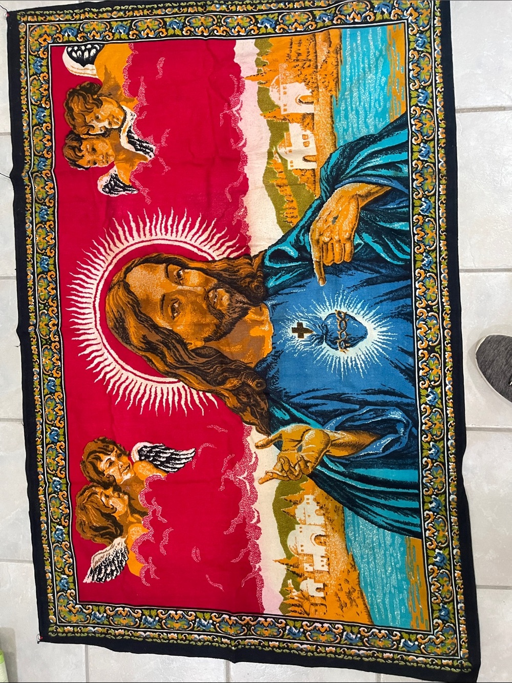 Sacred Heart Jesus Wall Tapestry in Blue and Pink